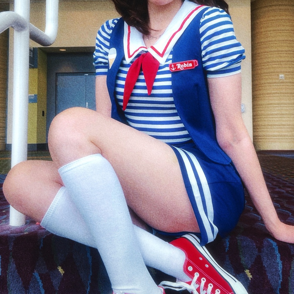 Stranger Things Robin Scoops Ahoy Cosplay Striped Shirt Vest Nametag and Shorts